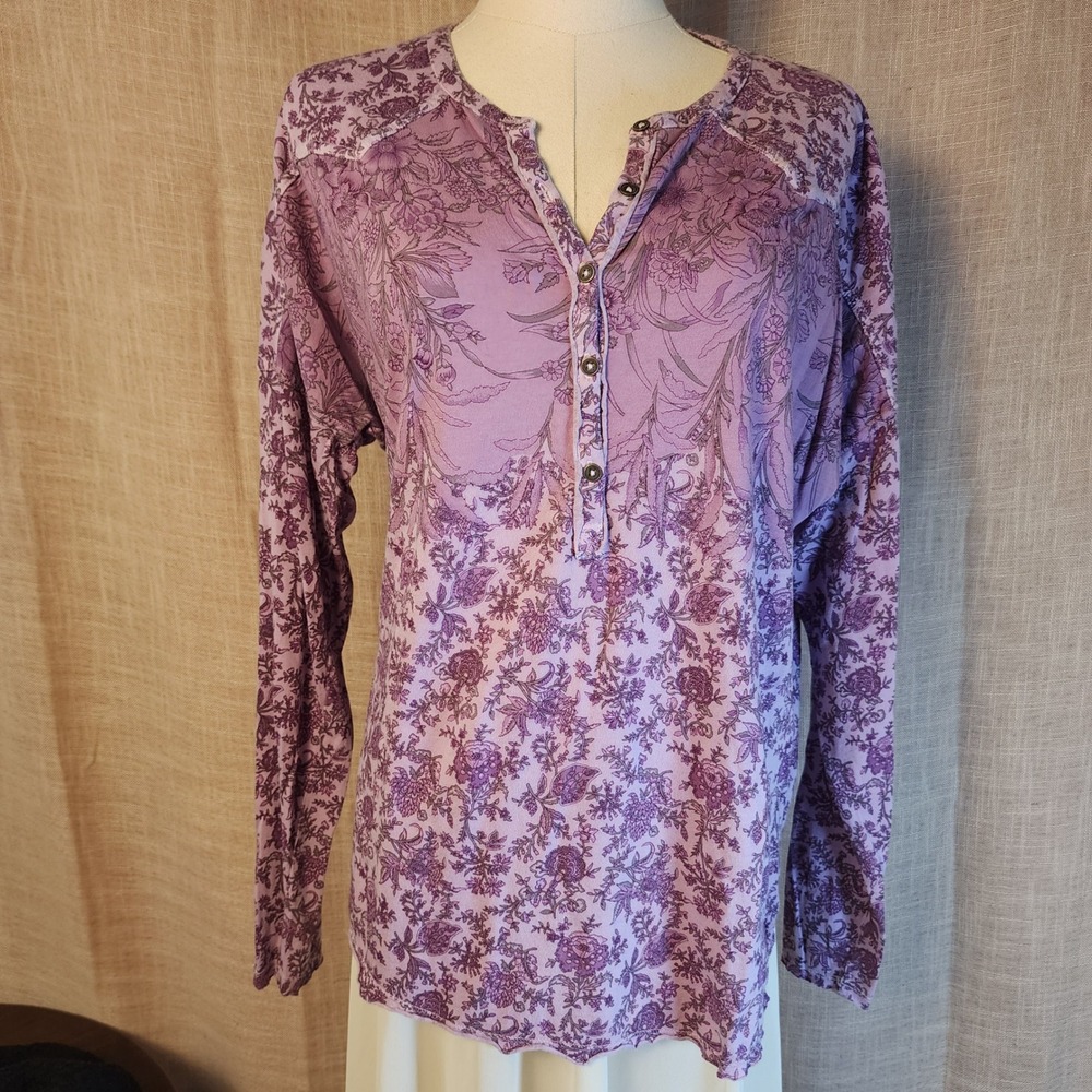 Lucky Brand Women Purple Floral Henley Long Sleeve Top Size Large